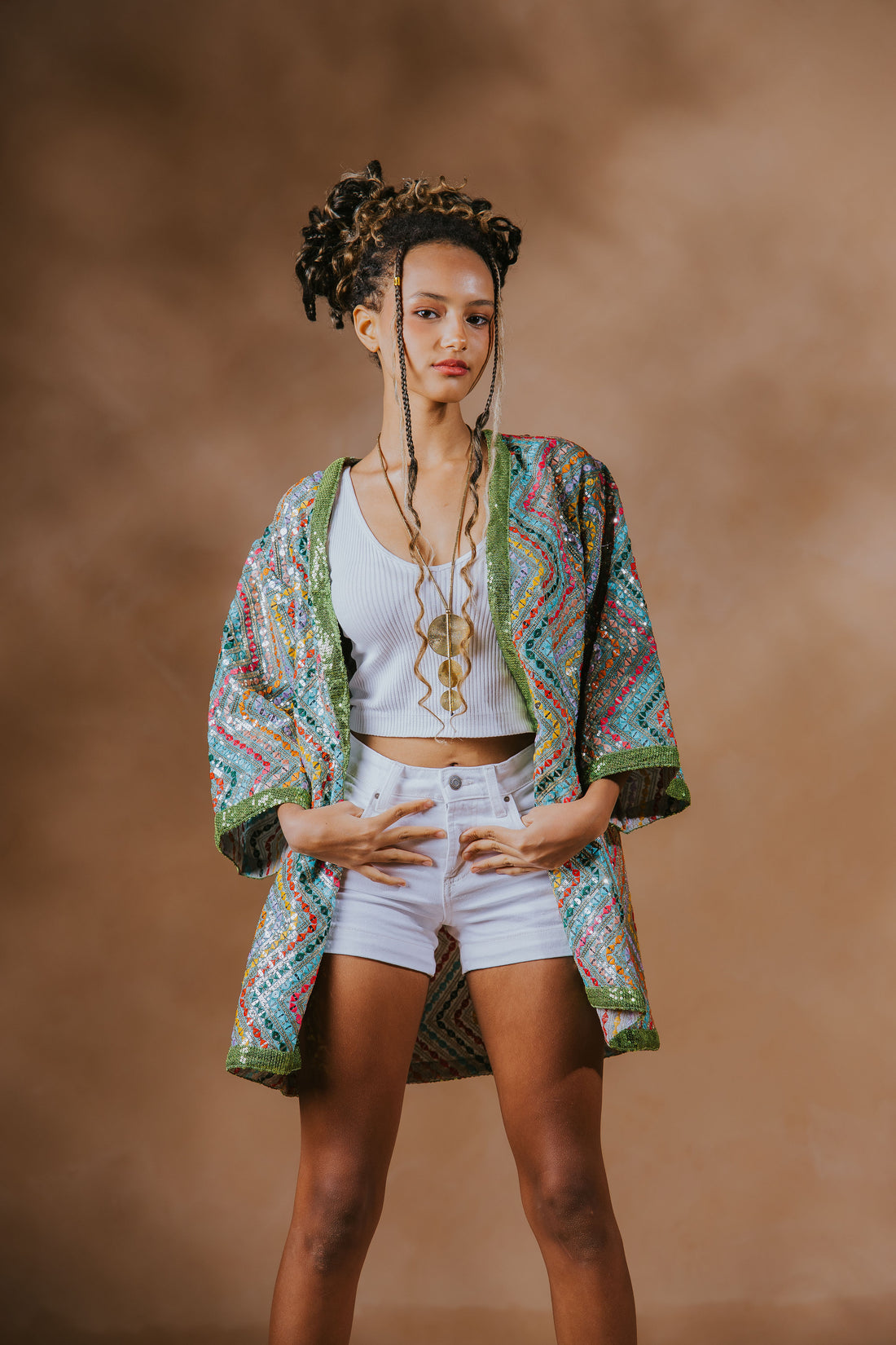 Sequin Short Kimono (Multicolor Green)