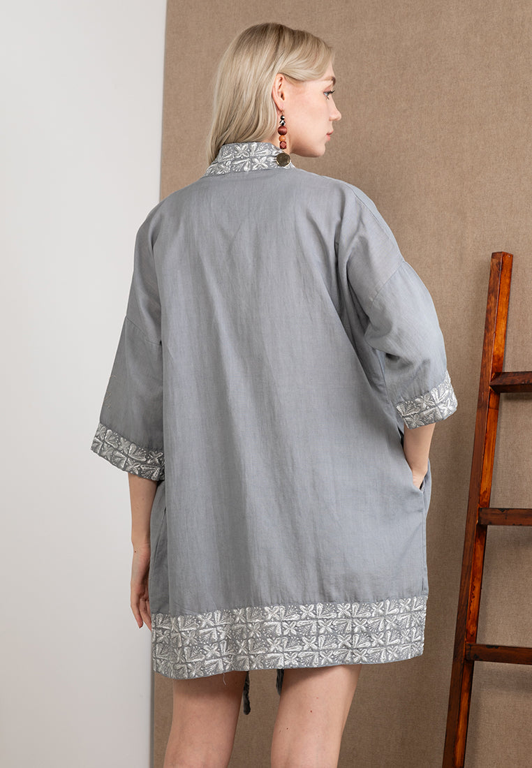 Embroidered Linen Kimono Grey