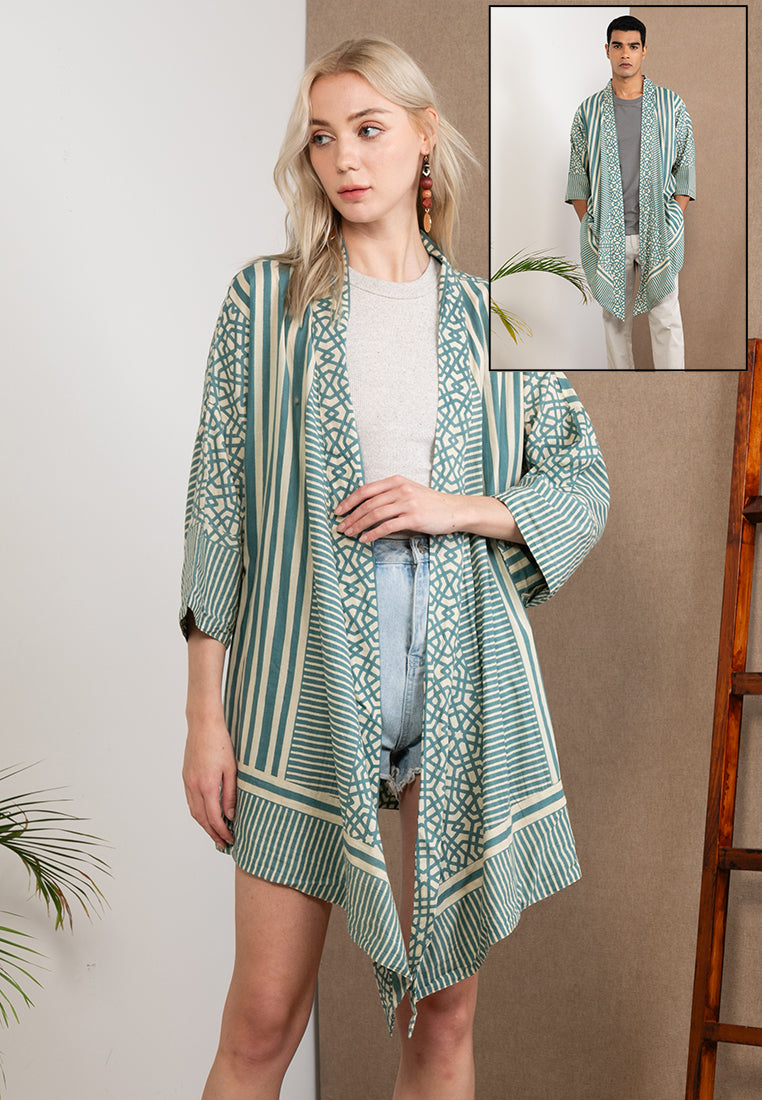 Short Wood Block Kimono (Teal)