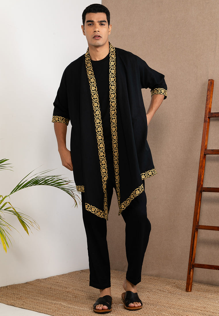 Embroidered Linen Kimono Black