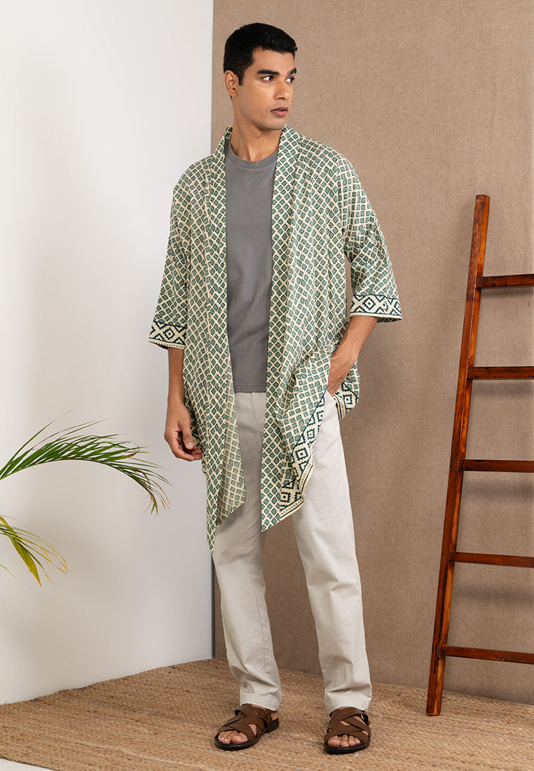 Short Wood Block Kimono (Blue)