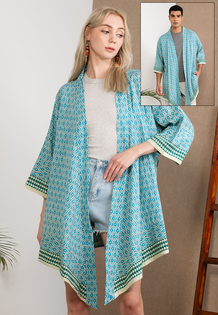 Short Wood Block Kimono (Cerulean)