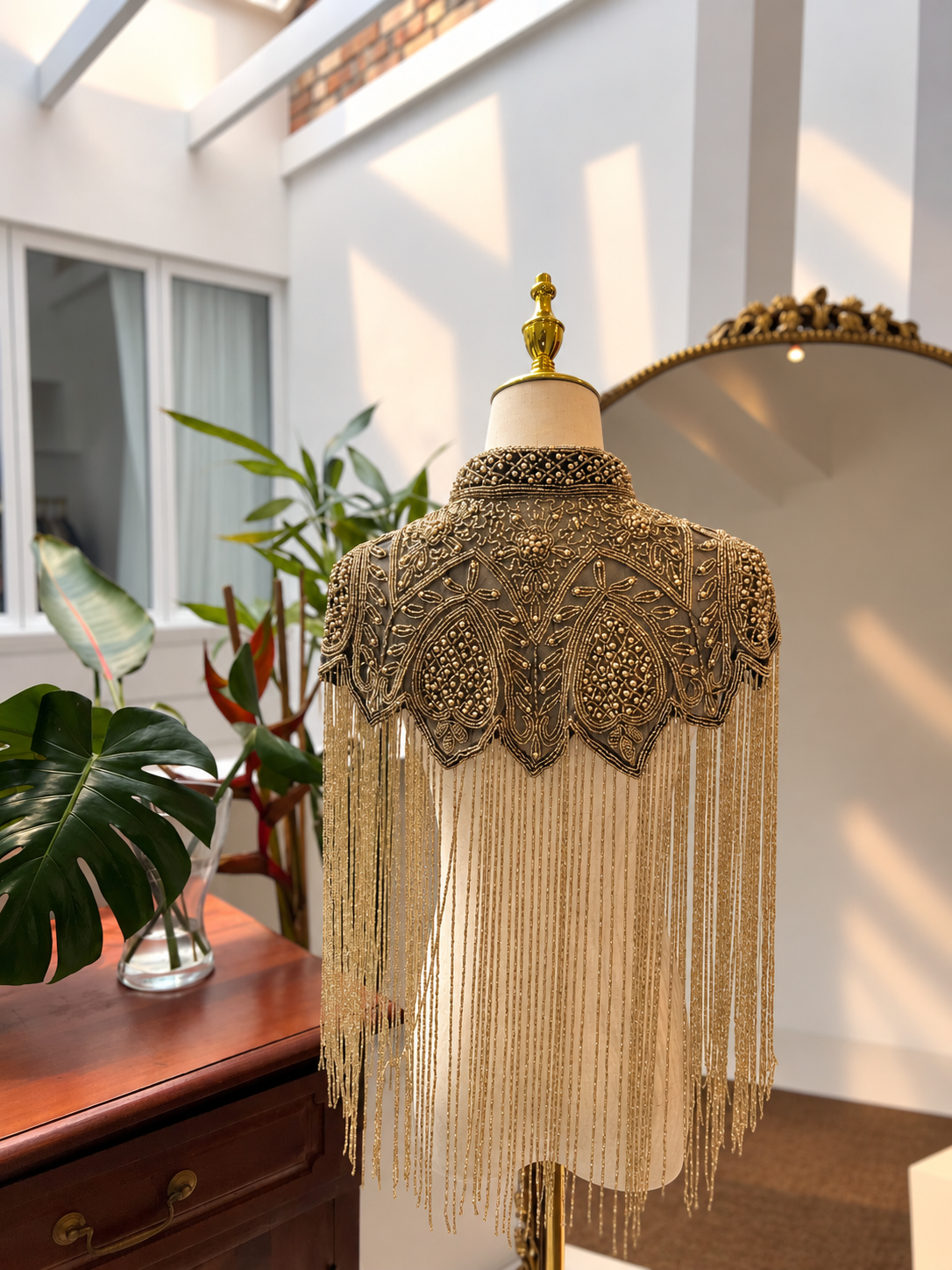 Gold handmade beaded cape with long fringe, luxury statement cape for festival party and evening outfits